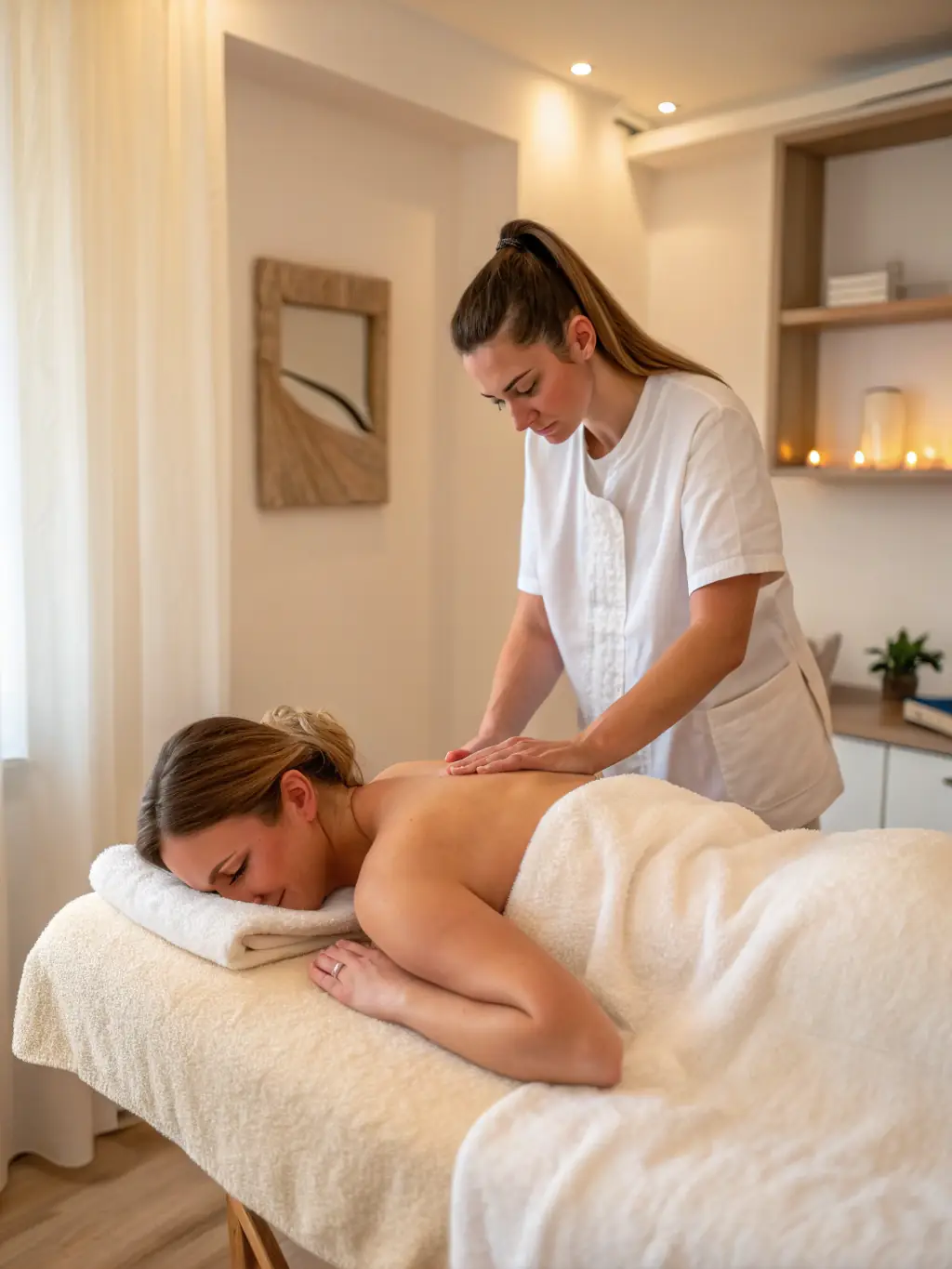 A massage therapist at VOIE-JOIE giving a relaxing massage to a client in a dimly lit room with calming music.