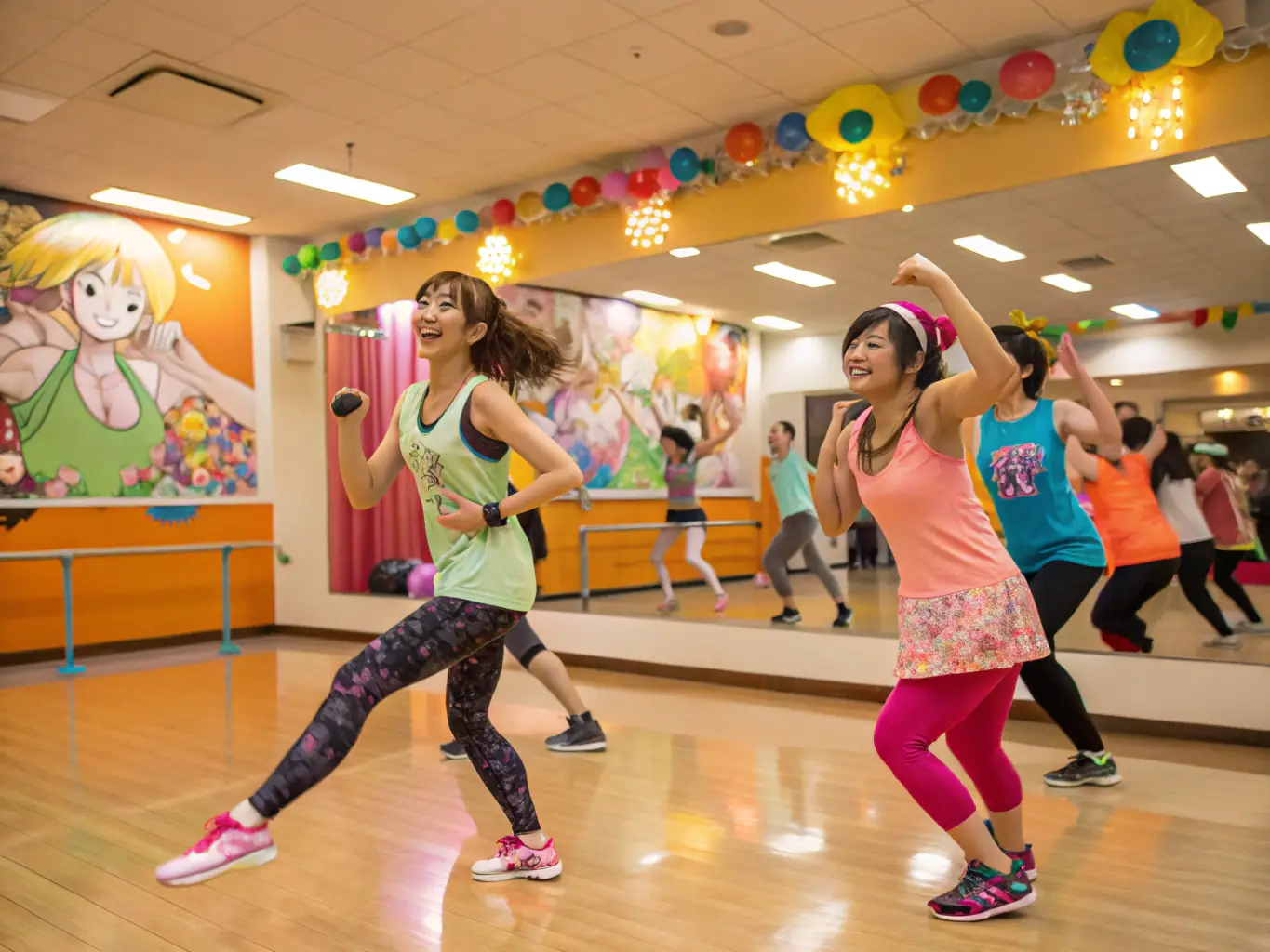 A group of people participating in a dance therapy session, moving freely and expressively in a bright, open studio at VOIE-JOIE. The atmosphere is joyful and supportive, emphasizing emotional release and body awareness.