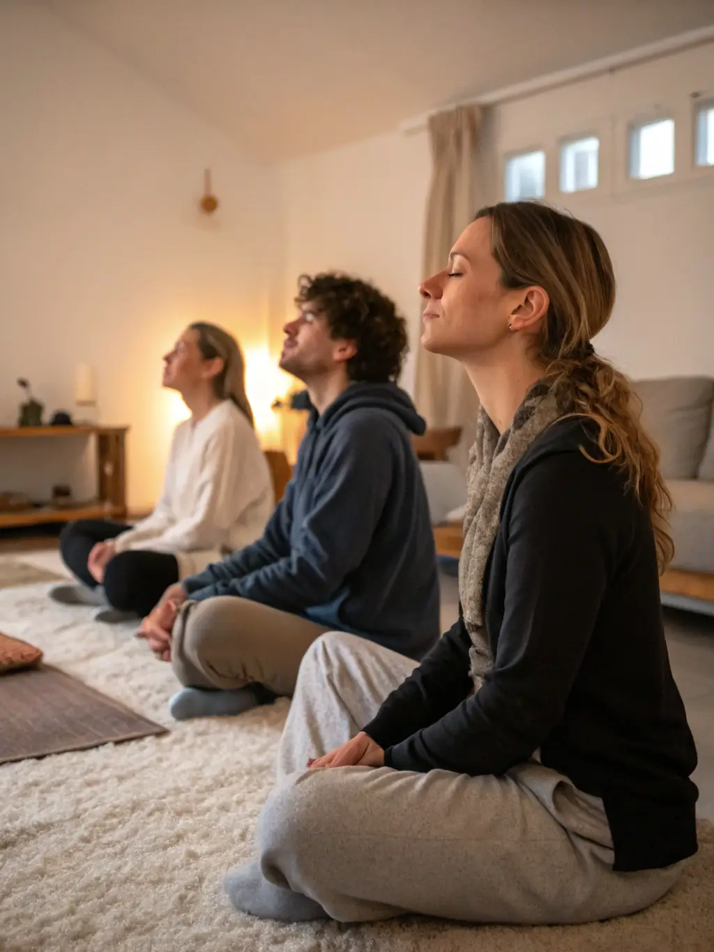People meditating in a circle at VOIE-JOIE, eyes closed, with soft, natural light filtering through the windows.