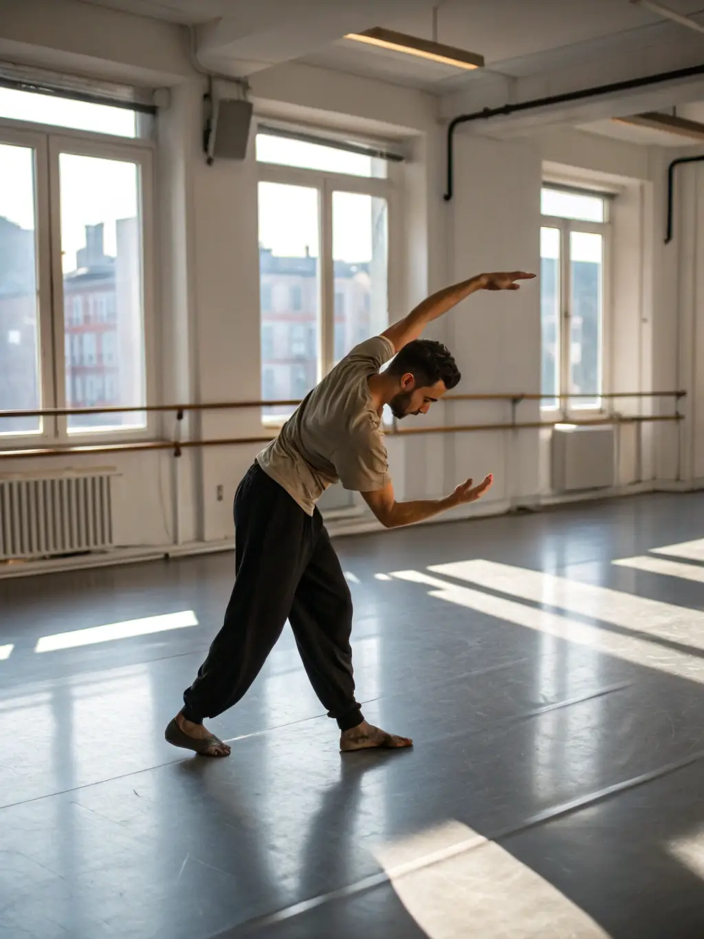 A person in comfortable clothing participating in a dance therapy session, moving freely and expressively in a sunlit studio at VOIE-JOIE.