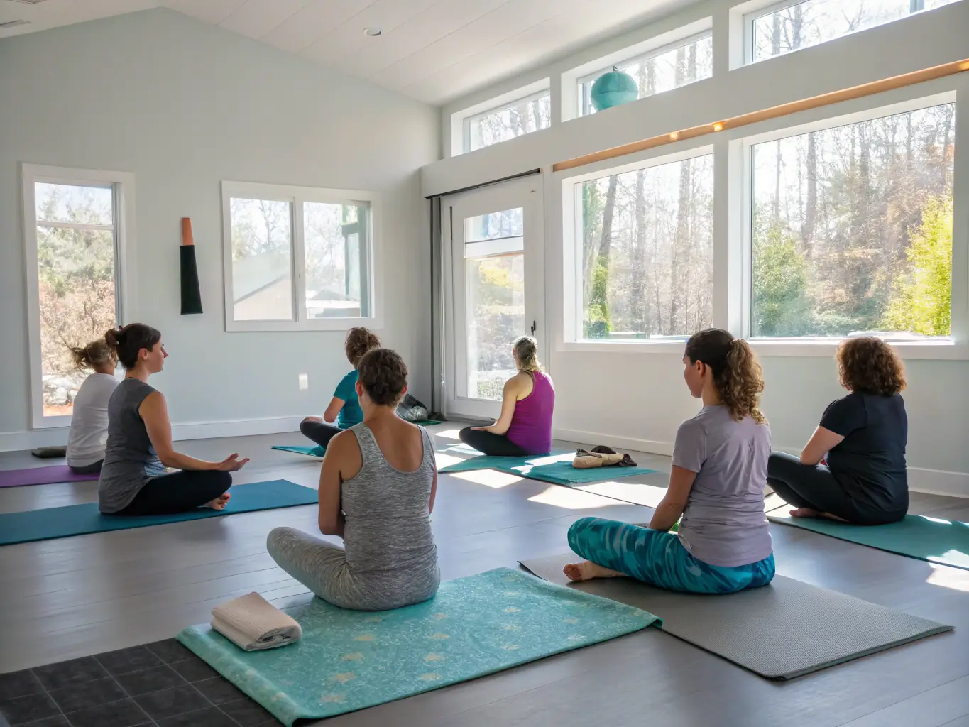 A serene yoga class in progress at VOIE-JOIE, with participants in various poses, guided by an instructor. The setting is a peaceful studio with natural light, promoting relaxation and mindfulness.