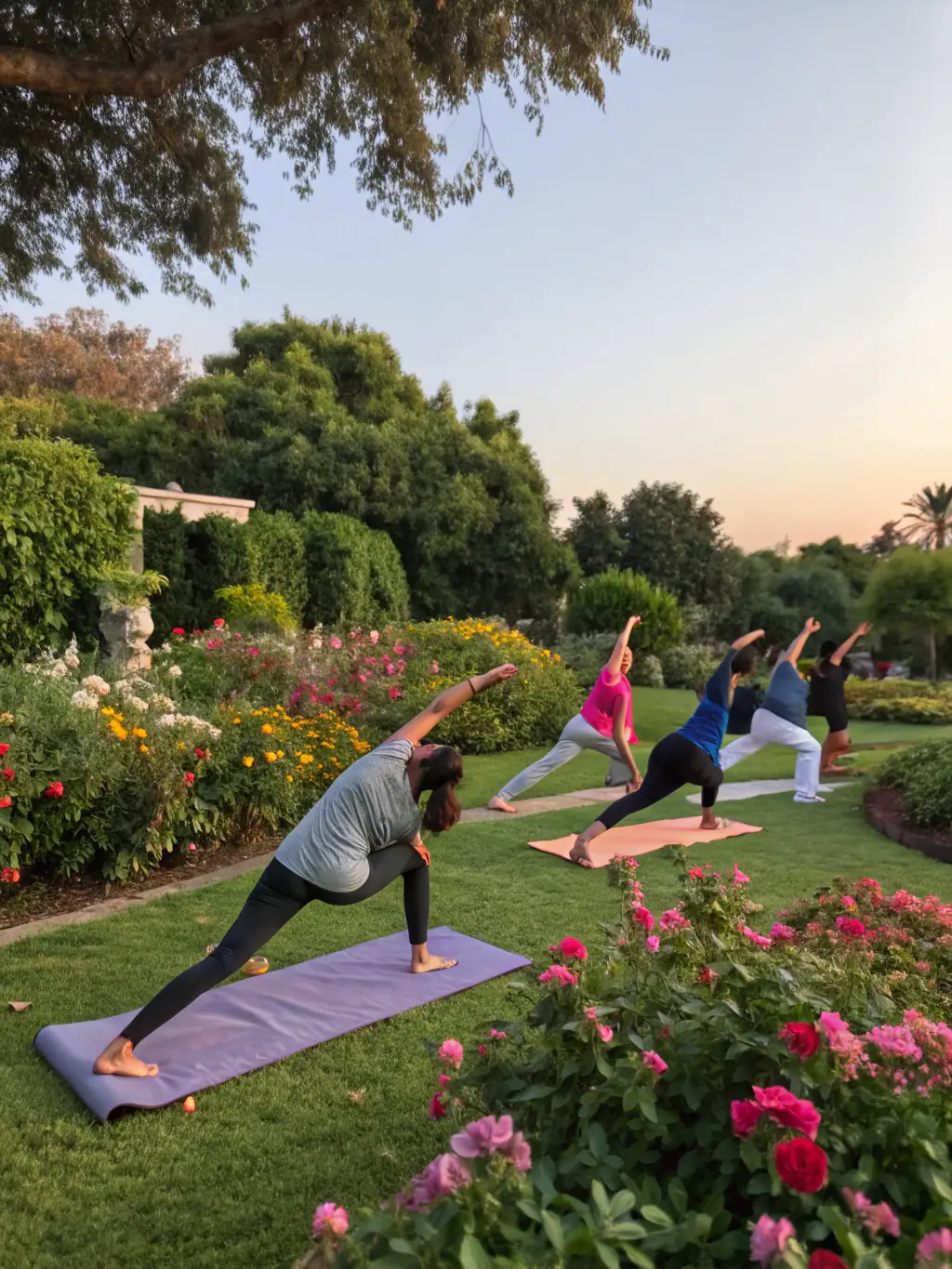 A group of people in a yoga class at VOIE-JOIE, performing a sun salutation pose with a serene and focused expression.